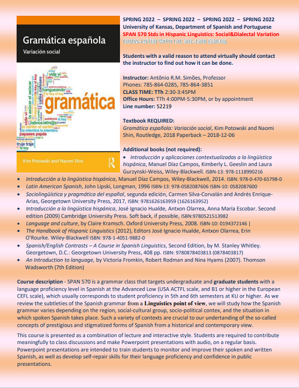SPAN 570 Flyer featuring the cover of textbook "Gramática española: Variación social". Flyer text copied below:
