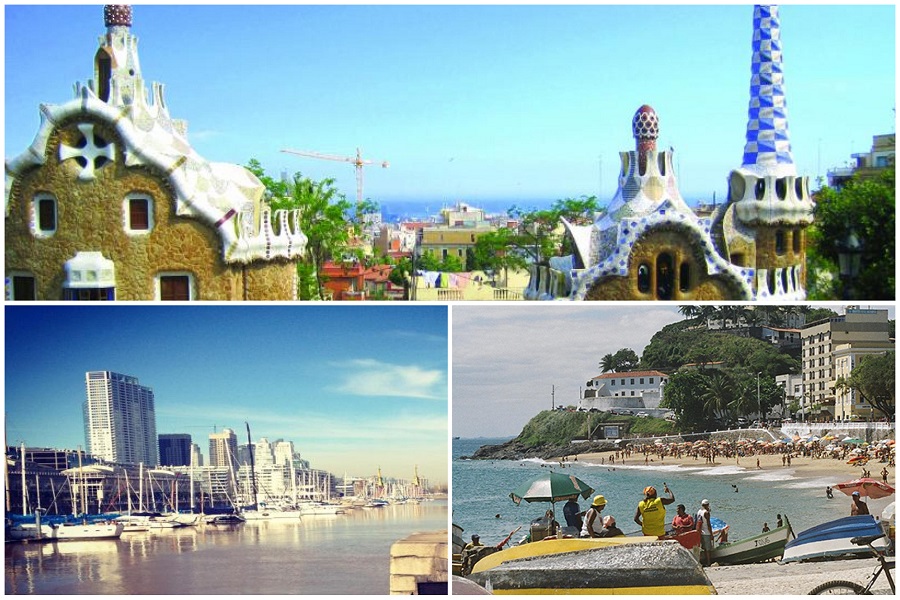 A collage showing a Boat port in Buenos Aires, colorful churches in Barcelona, and a busy beach in Salvador