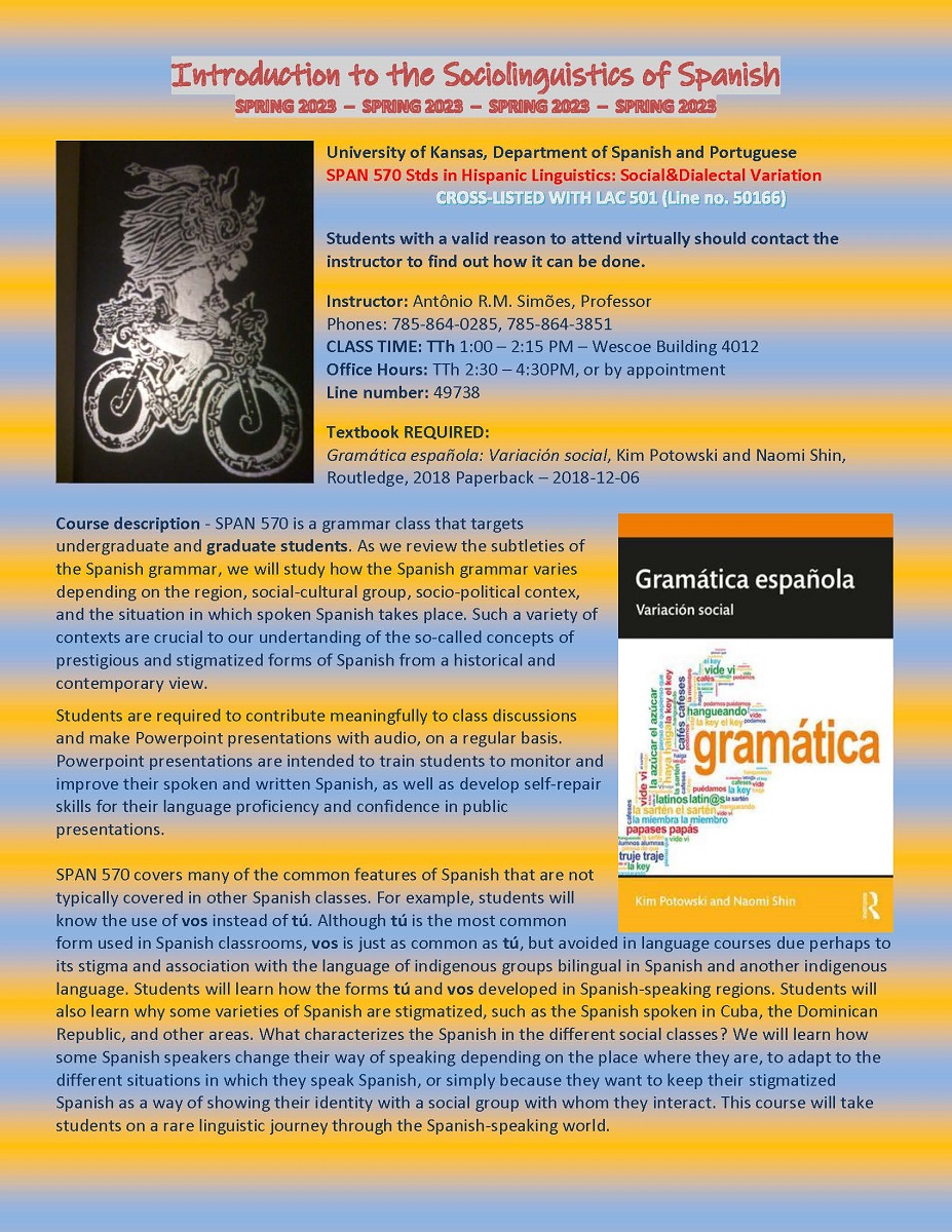 SPAN 570 Flyer featuring the cover of textbook "Gramática española: Variación social". Flyer text copied below: