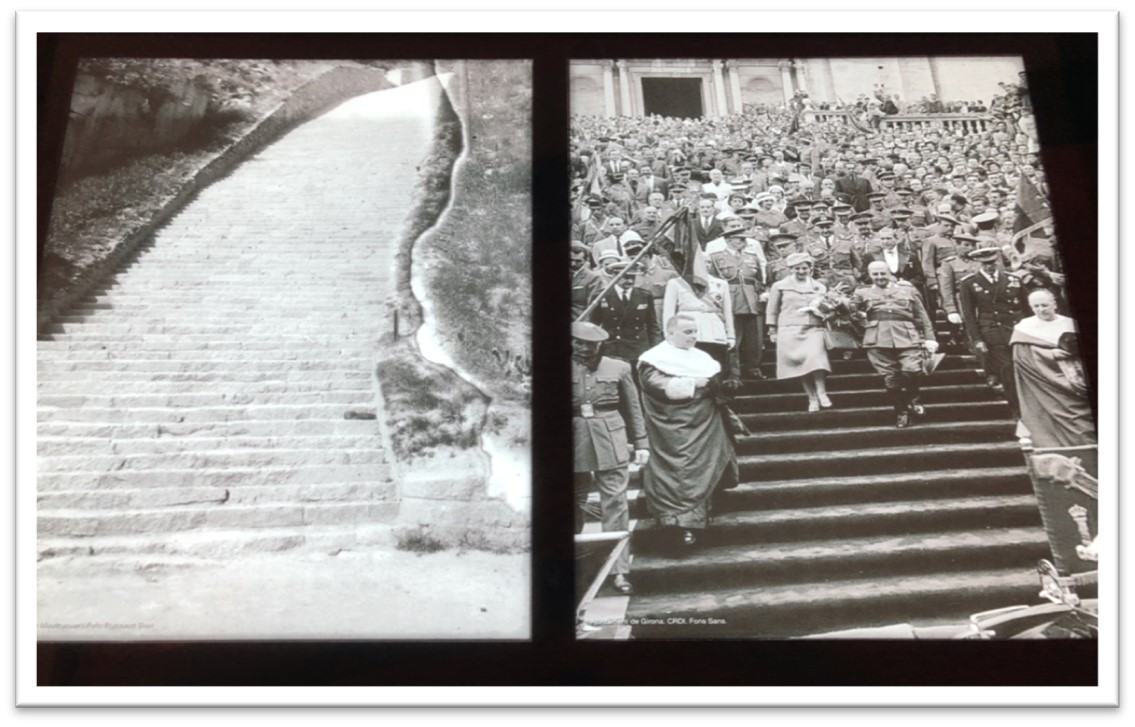 Old photograph of a large crowd walking down a set of stairs