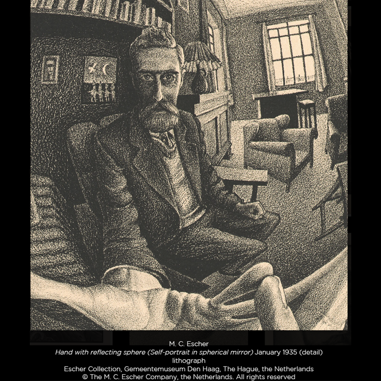M.C. Escher - Hand with reflecting sphere (Self-portrait in spherical mirror) January 1935 (detail) lithograph. Escher Collection, Gemeentemuseum Den Haag, The Hague, the Netherlands. Copyright The M.C. Escher Company, the Netherlands.