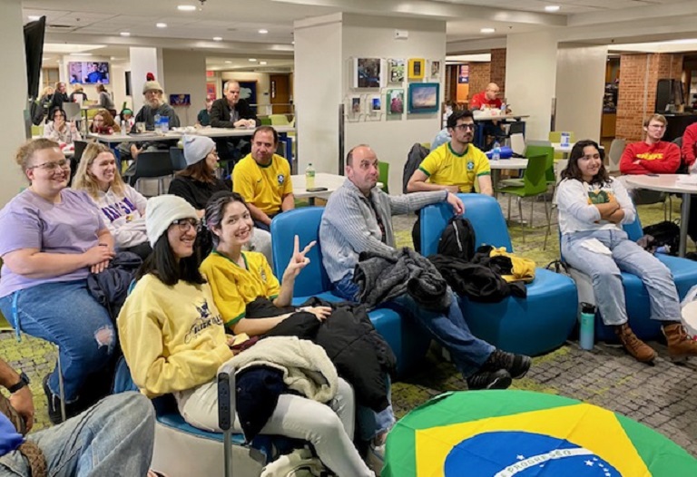 Students watching Brazil play in the 2023 World Cup