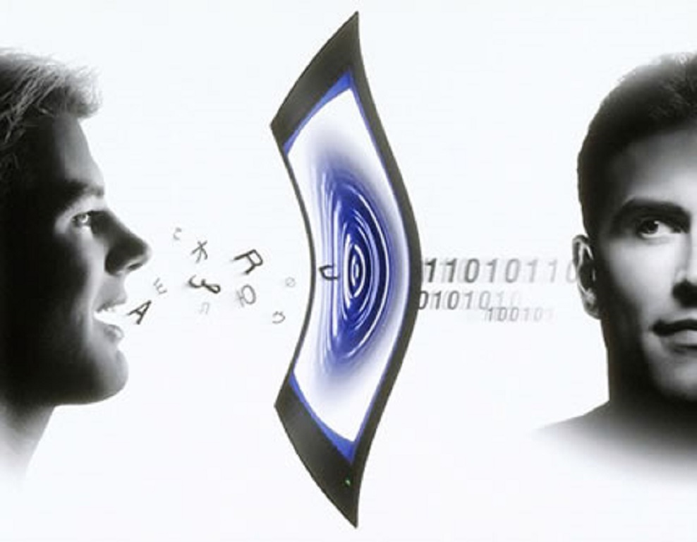 A graphic depicting a man "decoding" or processing speech