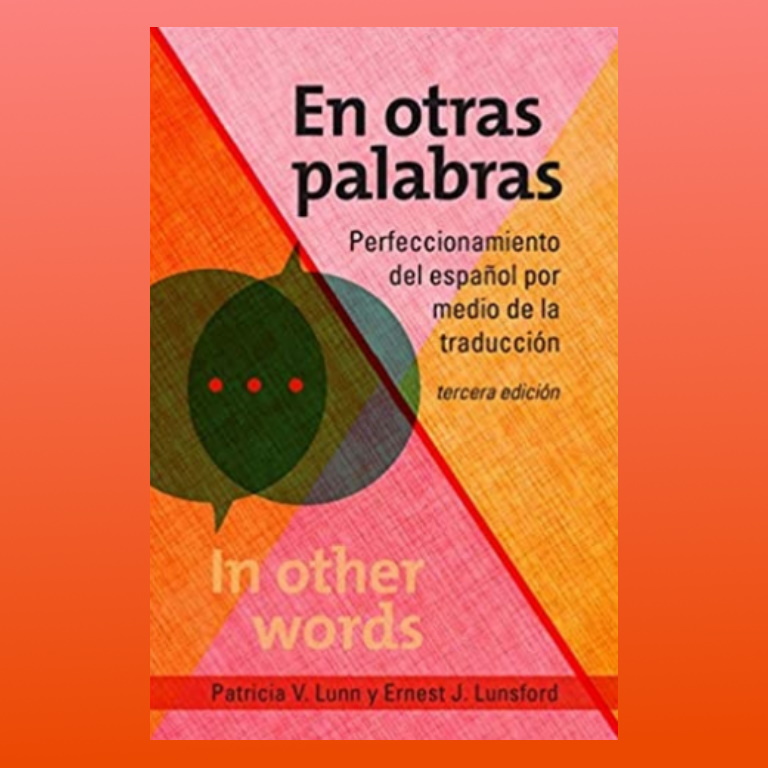 Cover of the book "En Otras Palabras", pink and orange cover with question bubbles