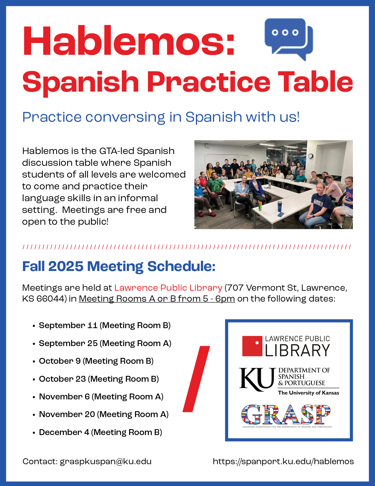 Hablemos: Spanish Practice Table Flyer (flyer text transcription below image)