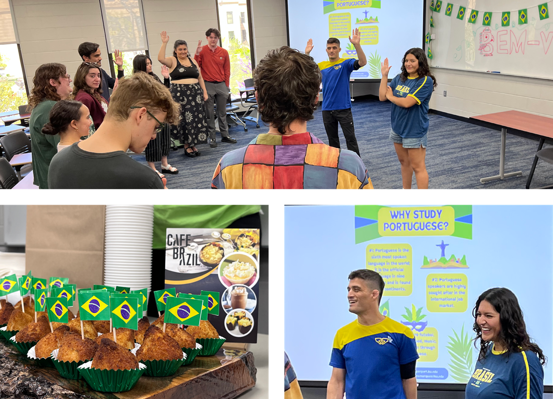 Students participating in a capoeira demonstration with instructors from Brazil Academy. Students sampled coxinhas