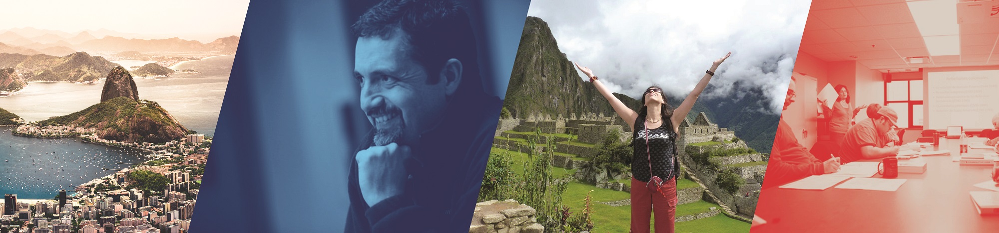 Banner showing 4 images: a city landscape, a man smiling, a woman standing in the mountains, and students writing on paper