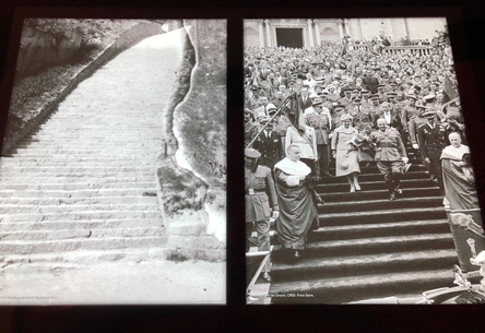 black and white photo of large crowd standing on stairs during Spanish Civil War