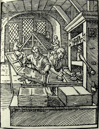 illustration of men working old printing press