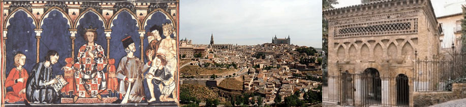 Photos of medieval buildings made of stone. Also includes a painting depicting a King and servants