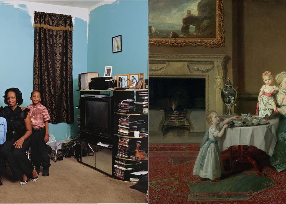 Coulson Family, 2008, Deana Lawson. Pigment print, 33 1/8 × 43 1/8 in. Getty Museum, 2021.53.2. © Deana Lawson and John, Fourteenth Lord Willoughby de Broke, and His Family, about 1766, Johann Zoffany. Oil on canvas, 40 1/8 × 50 1/8 in. Getty Museum, 96.PA.312