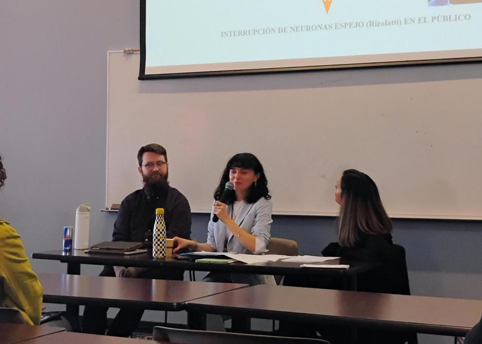 3 graduate students presenting panel at Sabatini Multicultural Resource Center