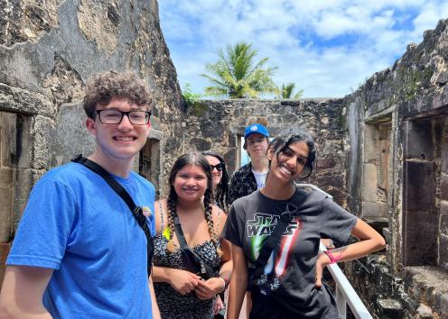 Professors Luciano Tosta, Liz MacGonagle (History & AAAS) and Katie Rhine (Geography & AAAS) with students in the Race, History, and Health Winter Break Program in Salvador, Bahia, Brazil.
